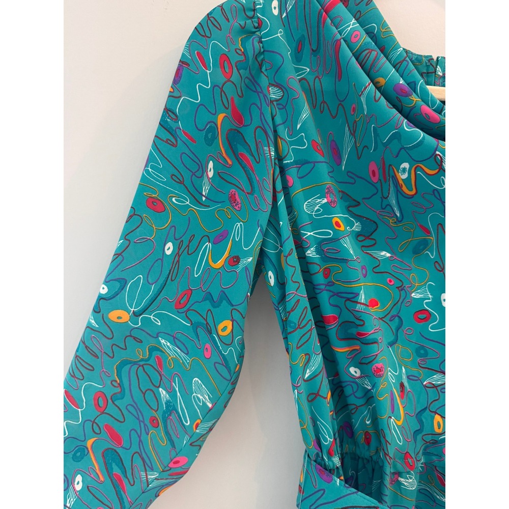 Vintage 80s Herman Marcus Dallas Teal Abstract Cowl Neck Belted Midi Dress 10 - Picture 6 of 10